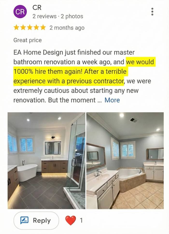 A positive review praises a home design company for a bathroom renovation. Two photos show a modern bathroom with a vanity, shower, tub, and large windows. Text sections are highlighted in yellow.