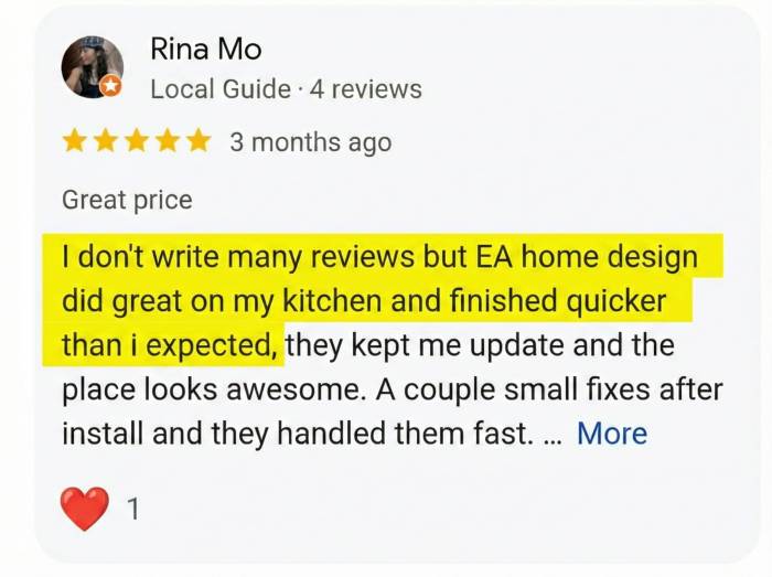 A review from Rina Mo gives EA Home Design five stars, praising fast kitchen remodeling and quick fixes, with highlighted text: "did great on my kitchen and finished quicker than I expected.