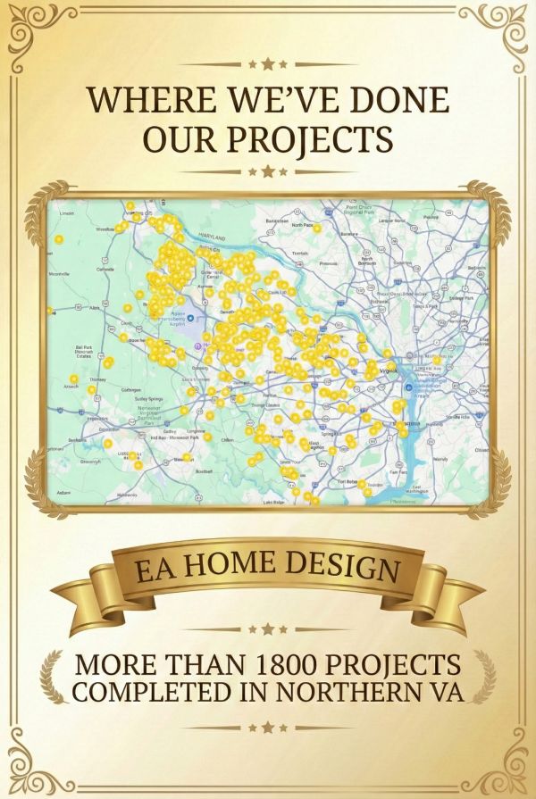 Poster with a map of Northern Virginia covered in yellow location pins, showing areas where EA Home Design has completed projects. Text reads: "Where We've Done Our Projects" and "More than 1800 projects completed in Northern VA.