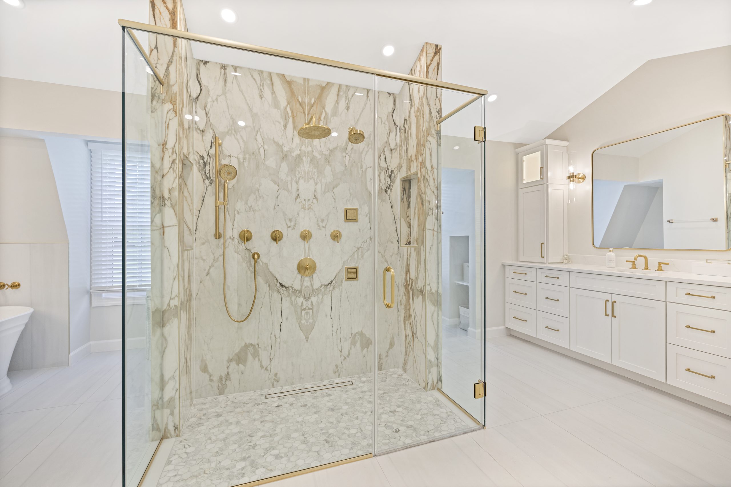 Home wellness room with spa shower and marble finishes in a Northern Virginia remodel