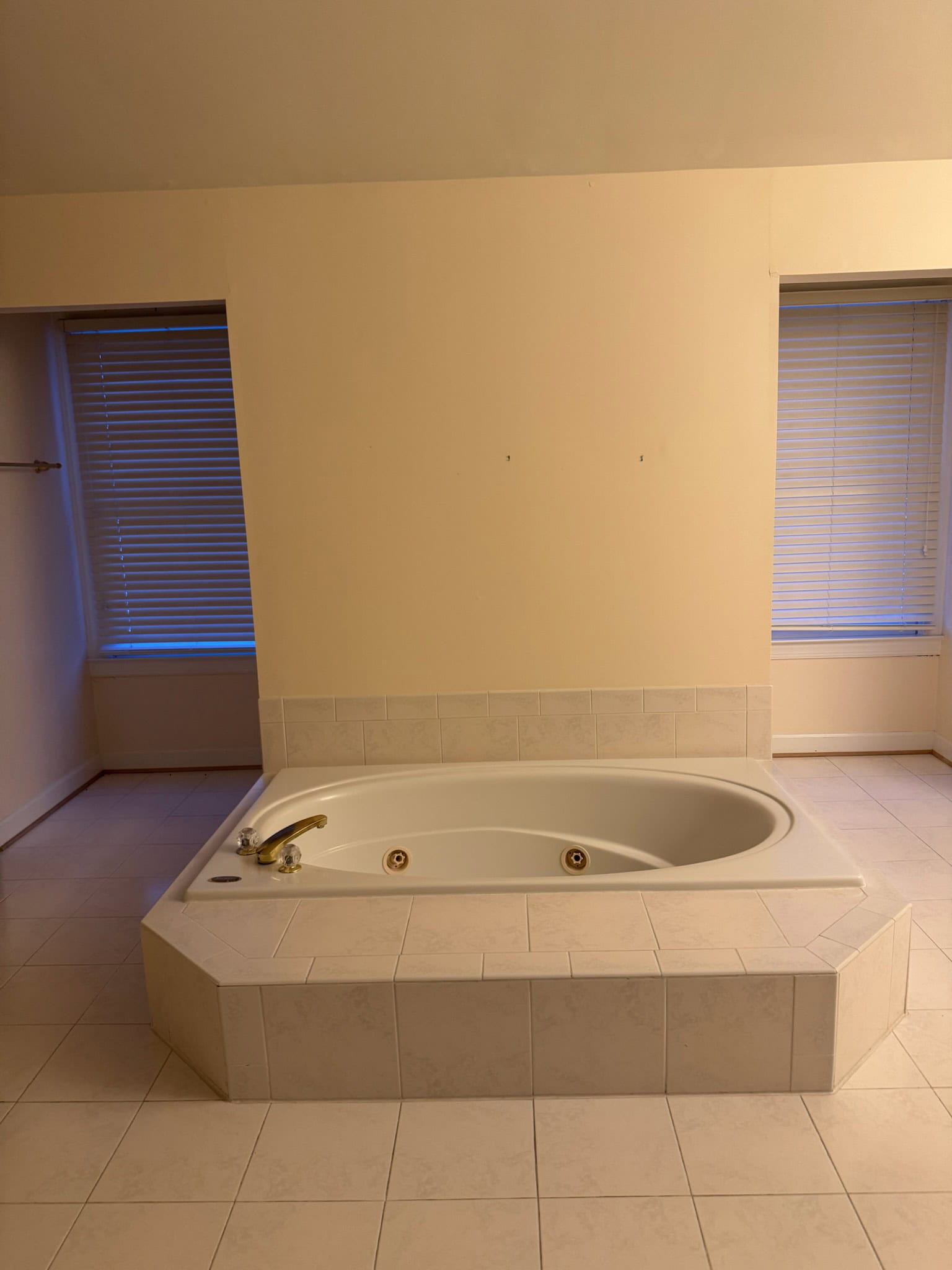 Built in bathtub with gold fixtures and tile platform in a remodeled Fairfax County bathroom