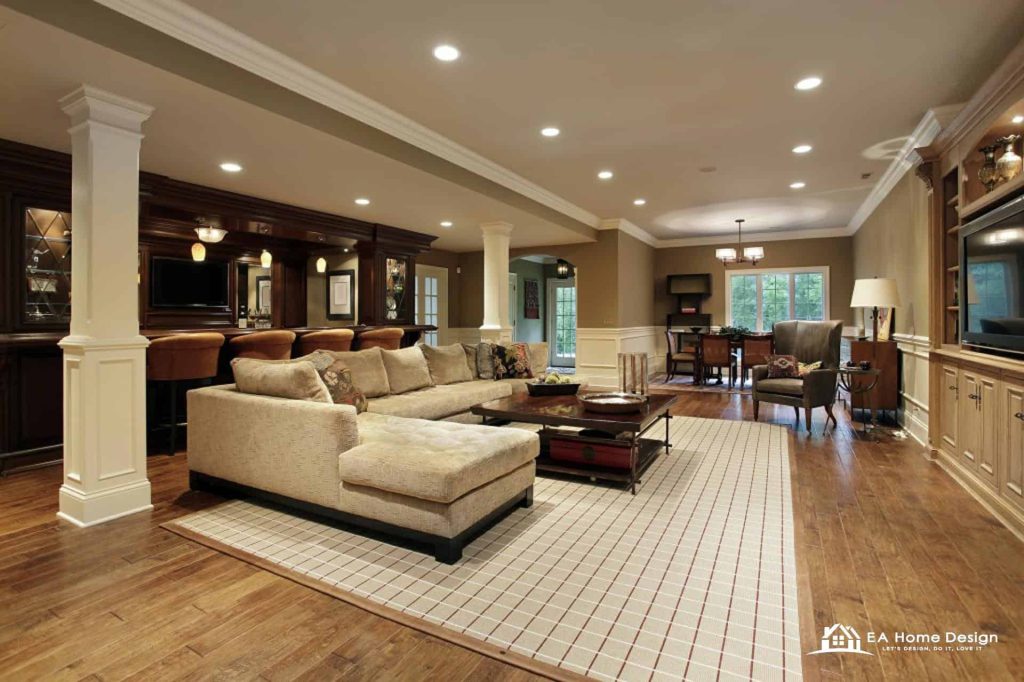 finished basement remodel in Northern Virginia with bar and living space