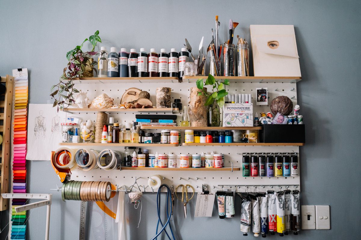 closet converted into a creative crafting corner with supplies