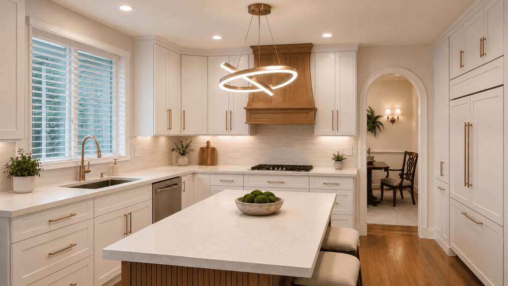AI render of the same kitchen remodeled with white cabinets and gold hardware
