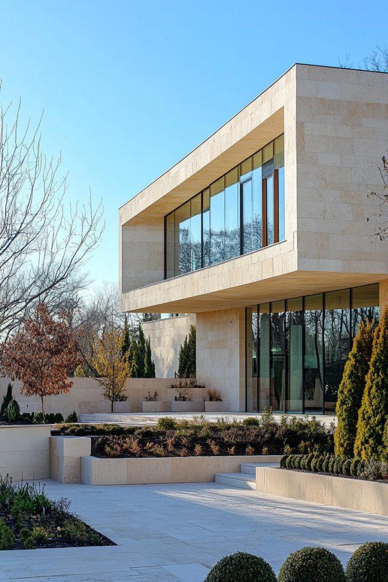 Limestone exterior stone in warm cream tones on a traditional home