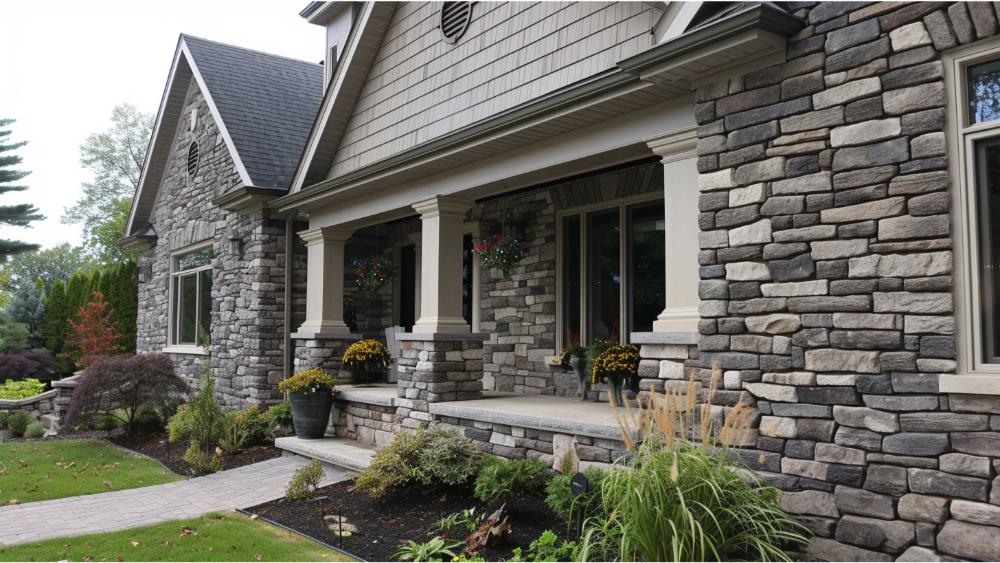 Manufactured stone veneer on a house exterior