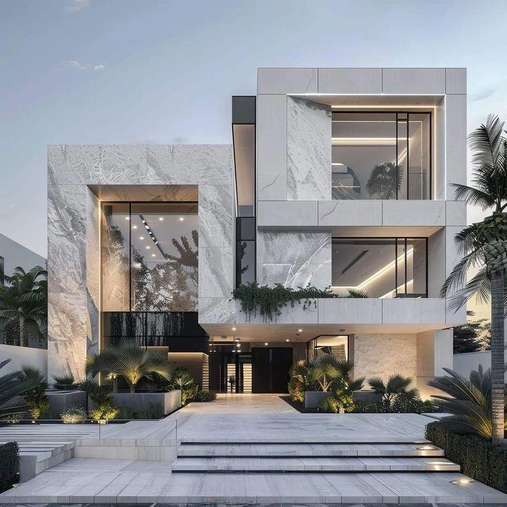 White marble exterior stone with veining on a luxury entrance