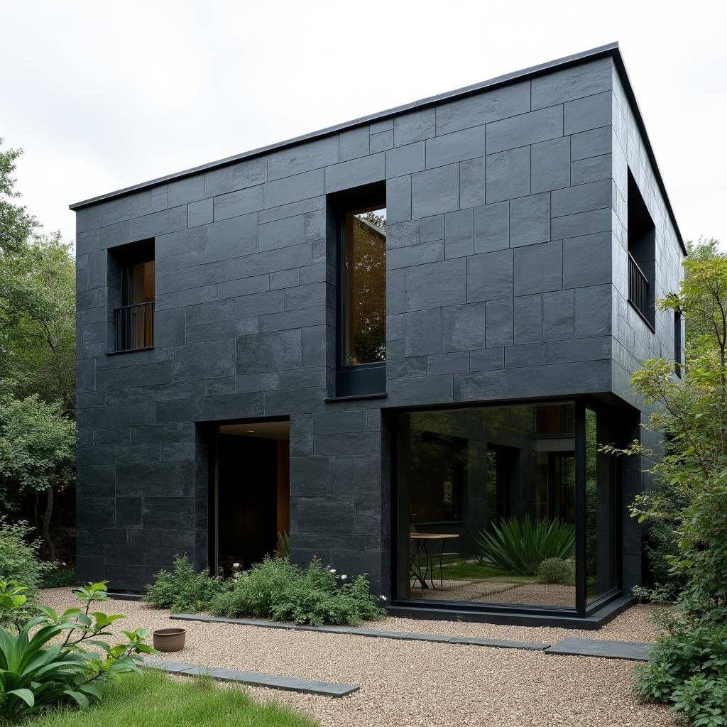 Dark slate exterior stone cladding on a contemporary house