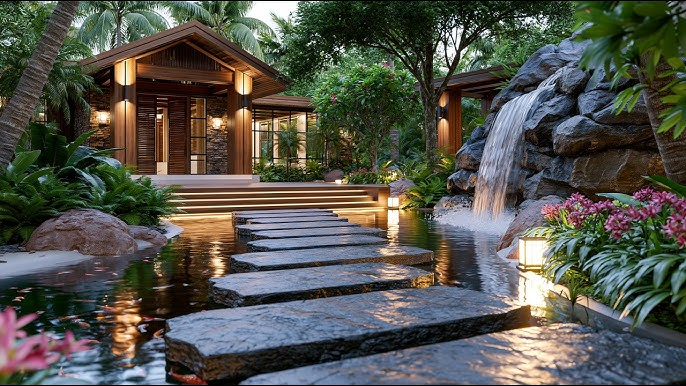 A modern tropical house with large windows features a stone path over water, lush plants, and a waterfall.