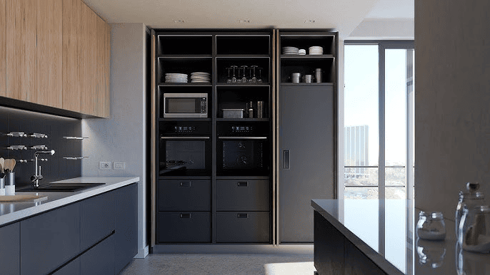 Modern kitchen with open shelves, built-in ovens, microwaves, and large windows letting in natural light.