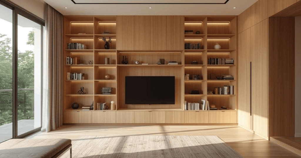 Modern living room with built-in wooden shelves, books, decor items, and a TV, sunlight streaming in.