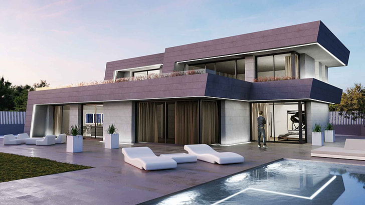 Modern two-story house with large windows, pool, and minimalist outdoor design at sunset with lounge chairs.