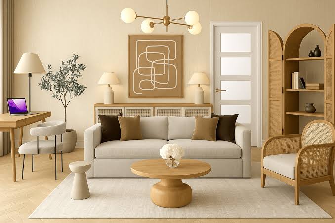 Modern beige living room with a sofa, round table, chairs, abstract art, and a laptop on the desk.