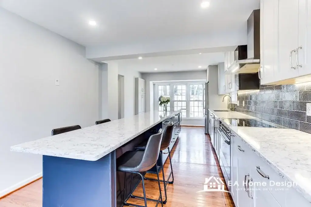 Galley kitchen remodel in Reston Virginia with long island and white cabinets