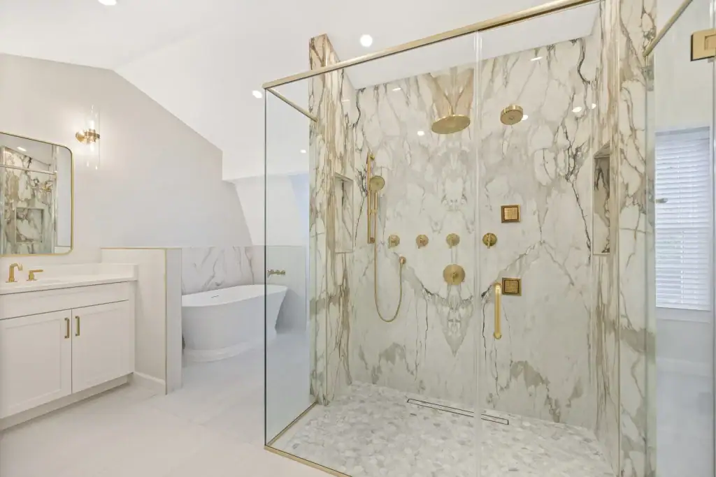 Spa style wellness space with marble shower and freestanding tub in a Northern Virginia home