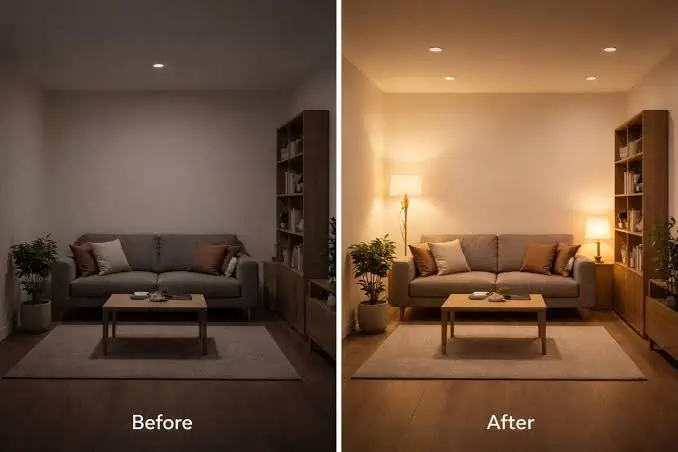Split view of a living room with dim lighting on one side and bright, cozy lighting after an upgrade.