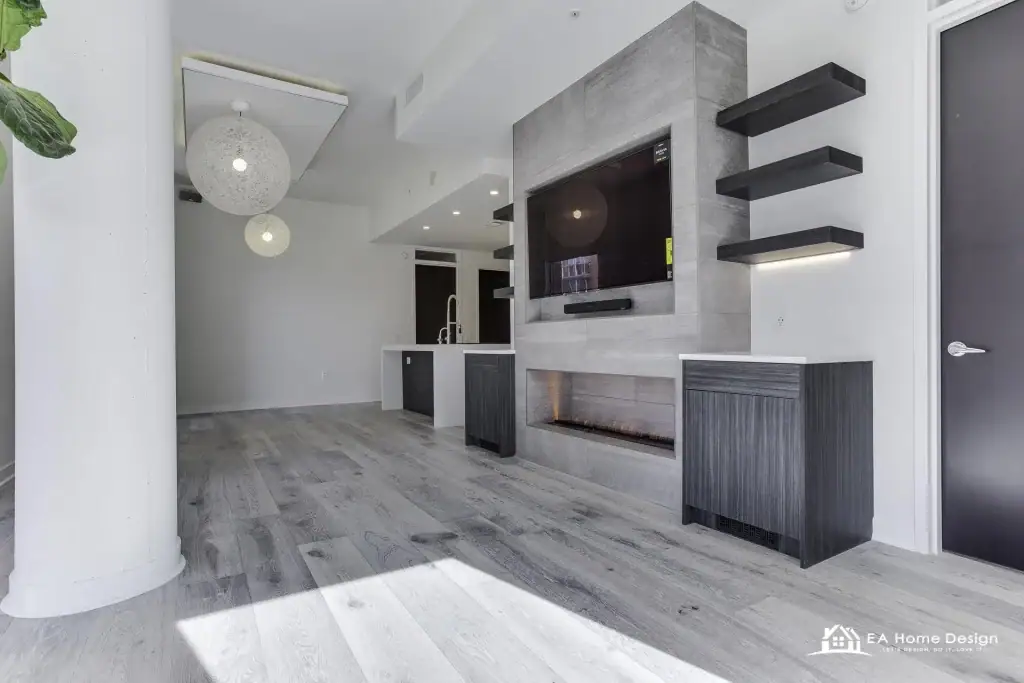 Interior design project by EA Home Design in Fairfax County with tile media wall and fireplace